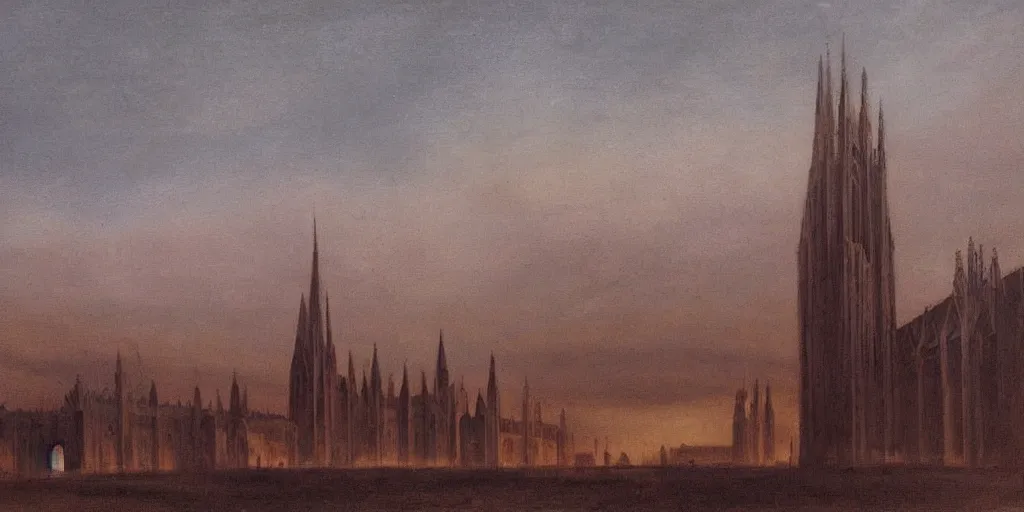 Prompt: Landscape painting of a cathedral made of sand in a foggy desert. Gothic architecture. The sun sets behind the clouds. Warm colors. Dark bright effect. An oil painting by Jean-Auguste-Dominique Ingres. The style of the painting is very detailed, delicate and slightly drawn, , with a deep sense of composition.