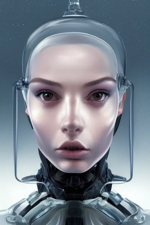 Prompt: a beautiful half body image of a futuristic android with body made of translucent plastic, long hair made of cellophane with a plastic hood and mechanical internal parts, symmetrical and realistic proportions by Irakli Nadar, tom bagshaw, Charlie Bowater with details by Jason Felix, furio tedeschi, face by ilya kuvshinov, artgerm, cinematic backlit lighting, beauty retouch, elite, photo realistic, octane render, hyper real, ultra detailed, trending on artstation pinterest and deviantart