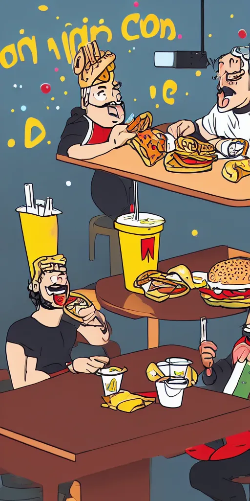 Prompt: Odin and Zeus eating a burger in McDonalds, wearing their typical clothing, 4k, Digital art, trend in art station, no people in the background