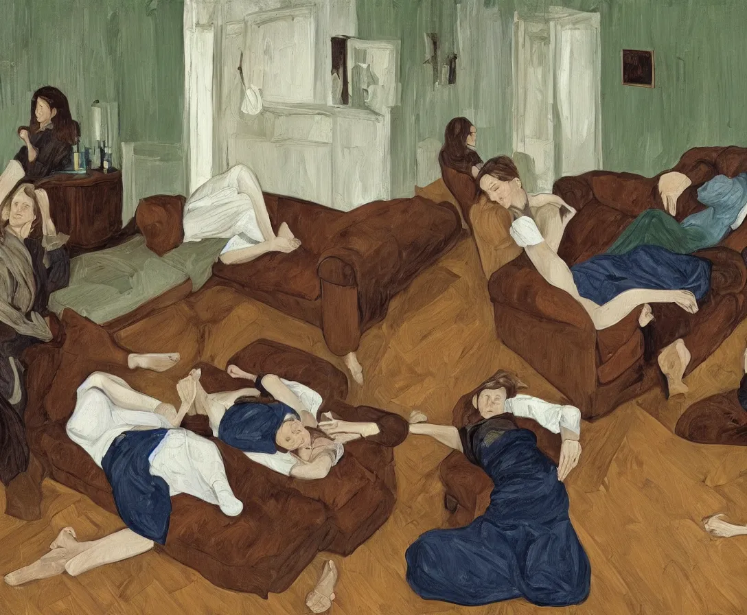 Image similar to portrait of two women lying horizontal, in an empty old english apartment with wooden floor on a brown leather sofa. one is wearing a dark blue sweather, the other a white shirt. brown hair, they are looking into the camera. wide shot. in the style of lucien freud. oil painting. green mood. isometric perspective