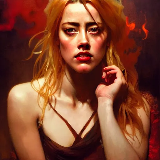 Image similar to hyperrealistic portrait of a woman as amber heard dining in hell by jeremy mann and alphonse mucha, fantasy art, photo realistic, dynamic lighting, artstation, poster, volumetric lighting, very detailed faces, 4 k, award winning