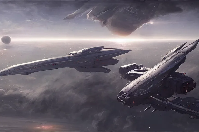 Image similar to hyper realistic sci - fi matte concept art painting of a starship above earth, beautiful details, strong composition painted by kim jung guweta studio rutkowski, james gurney and greg rutkowski, and lucasfilm, smooth, intricate, detailed, sharp focus, cinematic