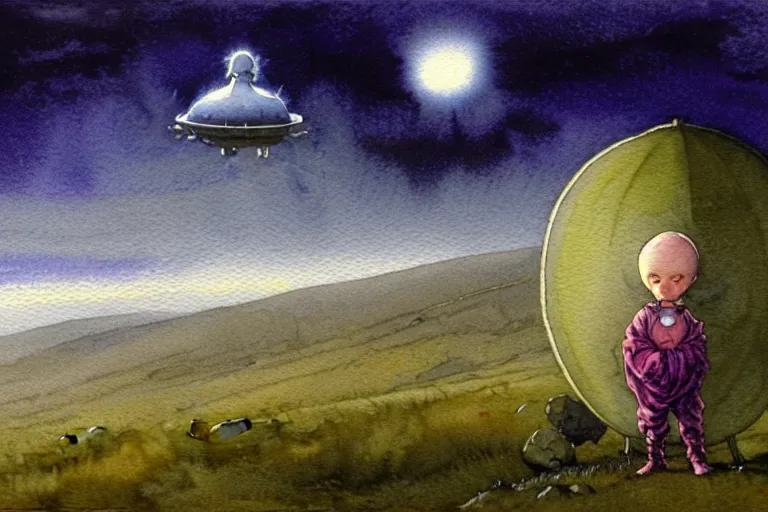 Image similar to a hyperrealist watercolour character concept art portrait of a short fat starchild alien on a misty night in the moors of ireland. a ufo is in the background. by rebecca guay, michael kaluta, charles vess and jean moebius giraud