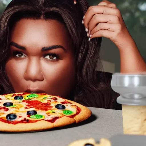 Prompt: depressed lizzo gorging herself with pizza cookies chips and cake in real life, 8 k, 4 k uhd, very detailed, great detail, super detailed, hyper realistic, realistic