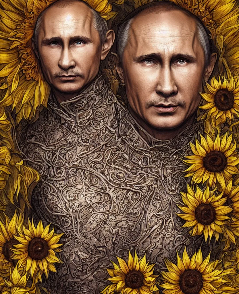 Image similar to digital art, centered full body of Putin smiling king, Sunflower crown, ,intricate, veins, by James Jean and by artgerm , by ross tran ultradetailed, charachter design, concept art, trending on artstation,