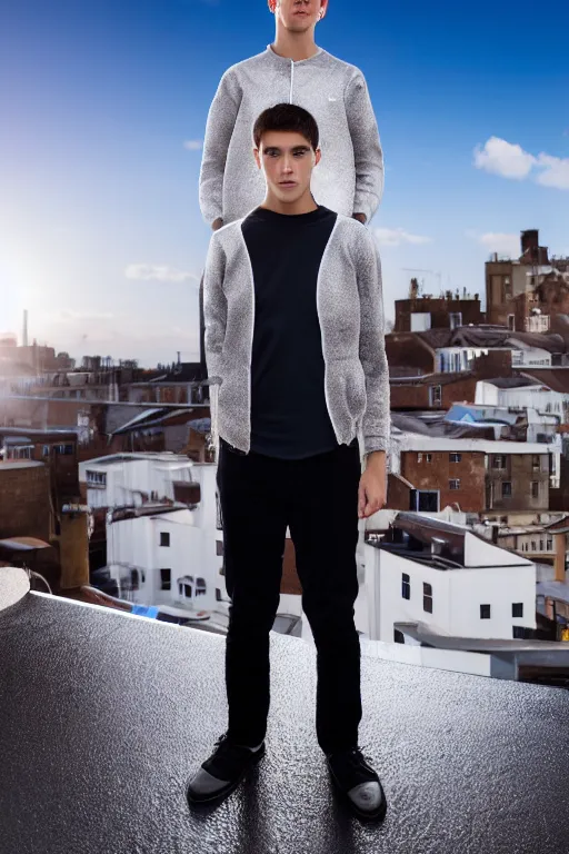 Image similar to un ultra high definition studio quality photographic art portrait of a young man standing on the rooftop of a british apartment building wearing soft padded silver pearlescent clothing. three point light. extremely detailed. golden ratio, ray tracing, volumetric light, shallow depth of field. set dressed.