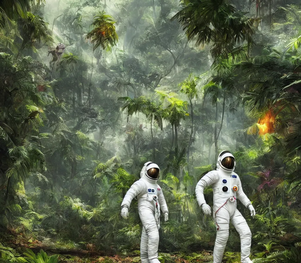 Image similar to modern scifi astronaut dressed in white suit is walking on the ground of a colorful tropical forest, dinosaurs in forest, style by blizzard concept artists