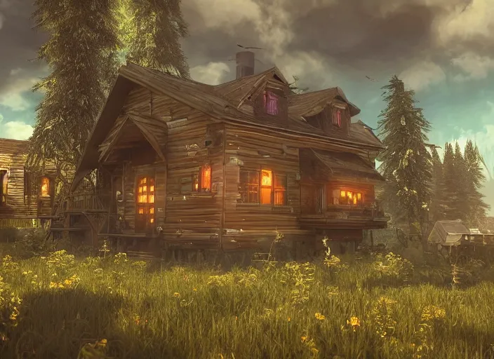 Prompt: cosy happy house floating in the sky with forest, clouds, steampunk, science fiction, magical fantasy, hyperealism unreal engine blender 3 d video game, masterpiece