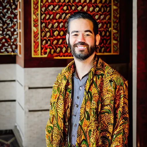 Image similar to A Photo Portrait of Joe Wearing Indonesian Batik Tulis at a fancy Balinese restaurant, award winning photography, sigma 85mm Lens F/1.4, blurred background, perfect faces