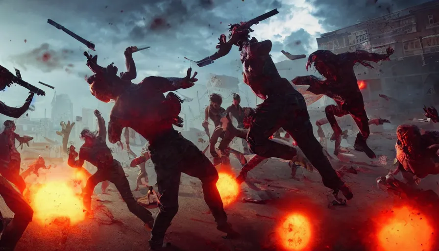 Prompt: full - body action shot of bts as heroes fight a horde of zombies, in the style of k - pop, epic, cinematic, volumetric lighting, symmetry, octane render, artstation, highly - detailed, unreal 5, realism,