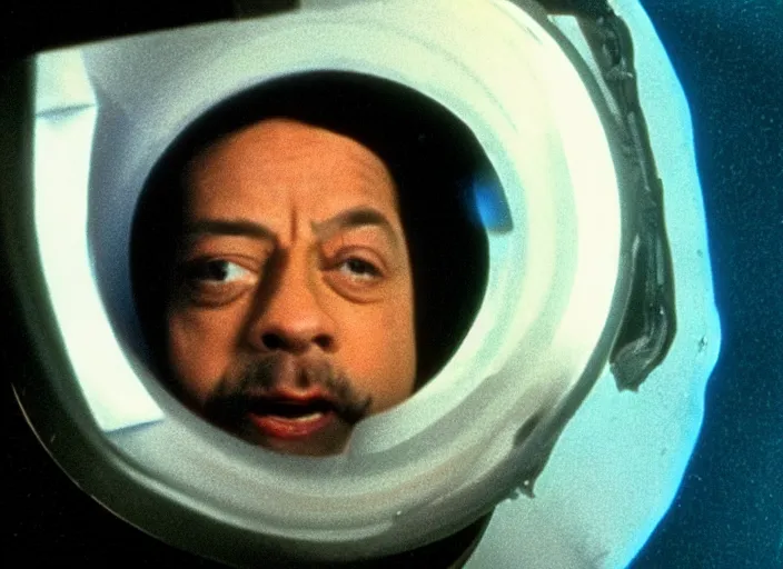 Prompt: film still of young old Cheech Marin as Dr. Dave Bowman in shuttle flying into black hole in 2001 A Space Odyssey