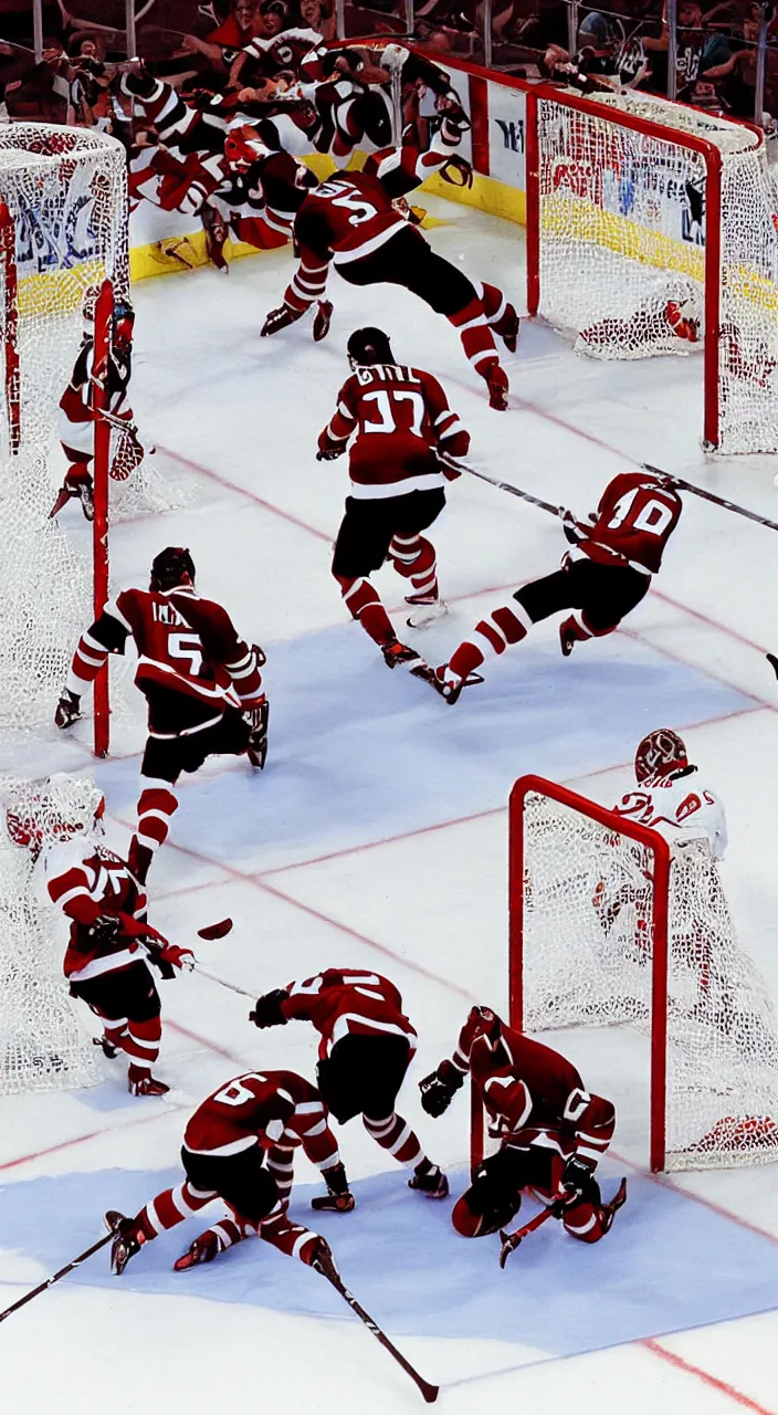 Image similar to 3 5 mm photograph of the new jersey devils hockey team scoring goals, realistic, highly detailed, color