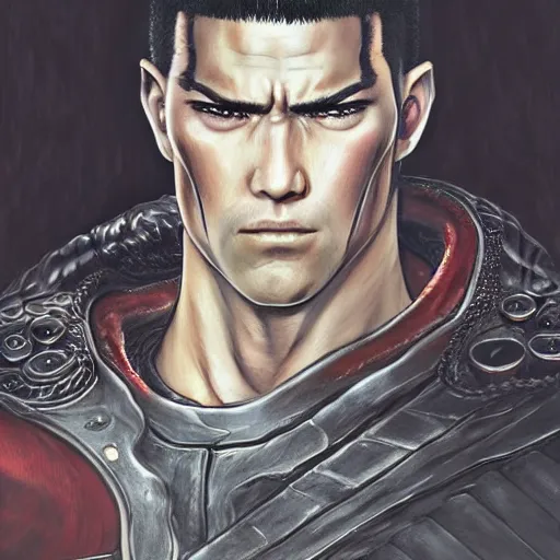 Image similar to semi realistic portrait of guts from berserk extremely detailed, made by wlop and maxwell boas