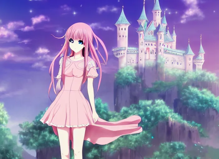 Prompt: stunning anime girl, animated, pastel colors, muted colors, fantasy art, castle in the background