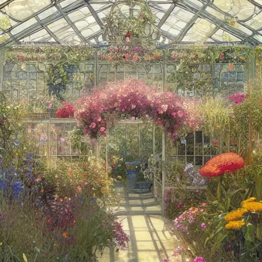 Image similar to a beautifull intricate greenhouse with many flowers, reflexions, high details by william turner art, greg rutkowski and alphonse mucha, trending on artstation, very very detailed, masterpiece,