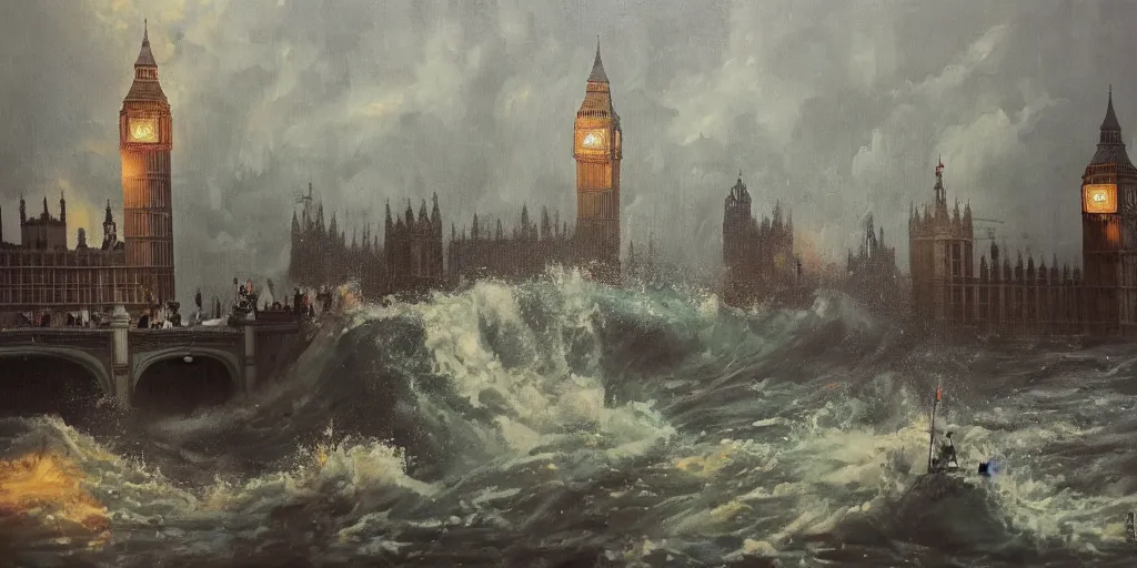 Prompt: a large tsunami hits the London, Big Ben is collapsing, oil on canvas, trending on Artstation, cinematic