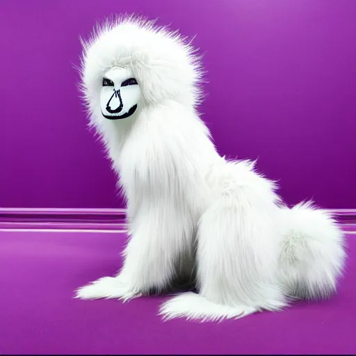 Image similar to A photo of a white fur monster standing in a purple room