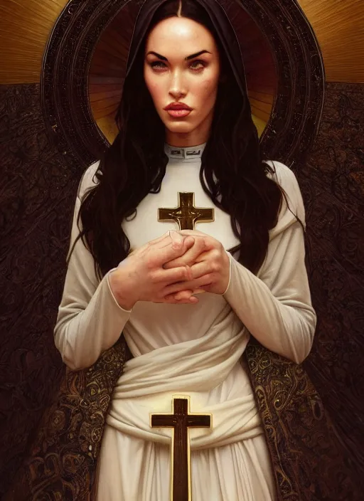 Image similar to portrait of megan fox as a sultry nun, catholic, church, bible, christian, intricate, headshot, highly detailed, digital painting, artstation, concept art, sharp focus, cinematic lighting, illustration, art by artgerm and greg rutkowski, alphonse mucha, cgsociety