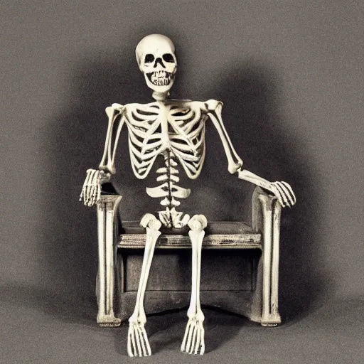 Prompt: an old skeletal figure sitting upon a throne