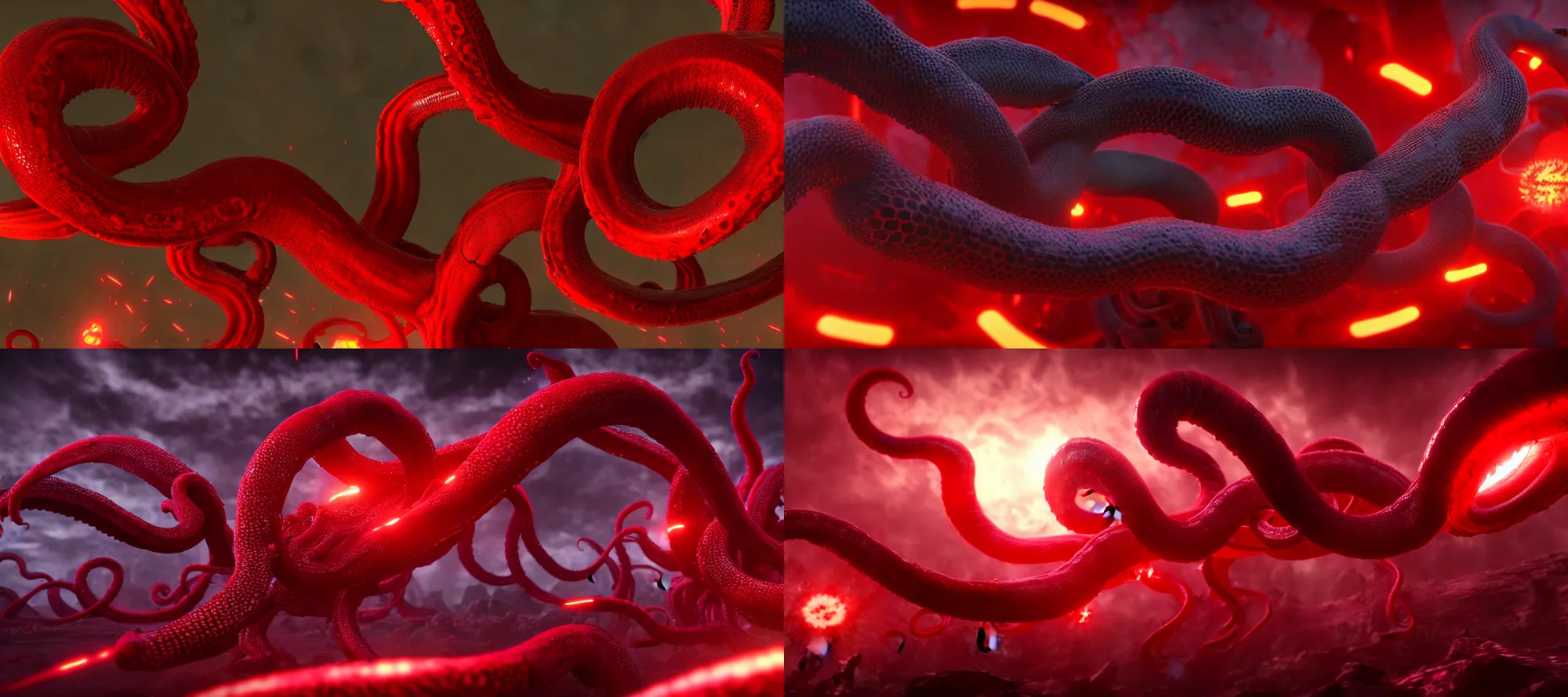 Prompt: Tentacle Alien battle, crimson war, 8k, high detail, high res, red shift render