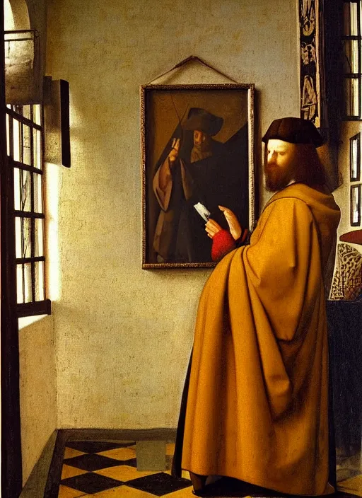 Prompt: paints, brushes, medieval painting by jan van eyck, johannes vermeer, florence