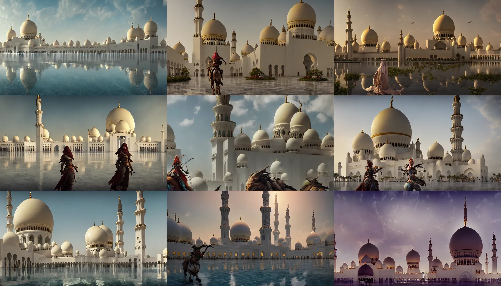 Prompt: sheikh zayed grand mosque in the style of horizon zero dawn, sharp focus, wide shot, trending on artstation, masterpiece, by greg rutkowski, by ross tran, by fenghua zhong, octane, soft render, ultrarealistic, colorful, cinematic