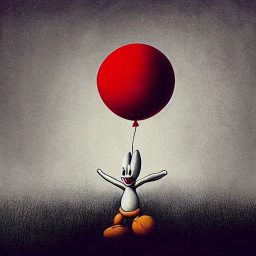 Image similar to scribble of bugs bunny with a wide smile and a red balloon by Zdzisław Beksiński, loony toons style, pennywise style, corpse bride style, creepy lighting, horror theme, detailed, elegant, intricate, conceptual,