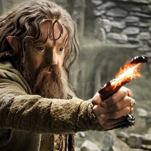 Image similar to scene from the Hobbit Desolation of Smaug, Bilbo has a mauser pistol