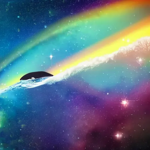 Image similar to a cool whale surfing on the cloud with a colorful galaxy in the background. ray tracing reflection, 8k, hyper realistic, insainly detailed, hdr, octan render