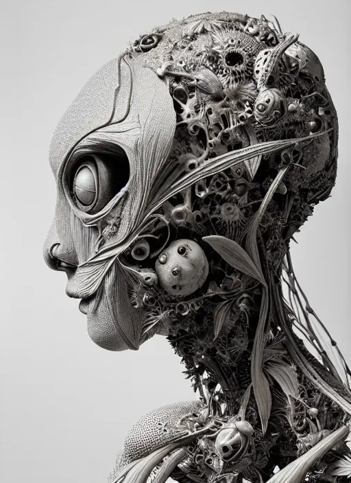 Prompt: a portrait of a beautiful young vegetal - insectoid - cyborg female, by kiki smith, by tony diterlizzi, portrait, ilford hp 5, side - view, f / 2. 8, 1 6 k, natural lighting, insanely detailed and intricate, hypermaximalist, elegant, ornate, hyper realistic, super detailed