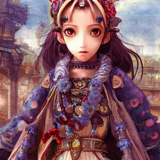 Image similar to character portrait of the monkey princess with gorgeous detailed eyes in the marketplace in the sky, color page, tankoban, 4 k, tone mapping, doll, akihiko yoshida, james jean, andrei riabovitchev, marc simonetti, yoshitaka amano, long hair, ape, curly