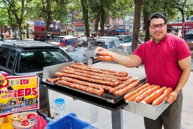 Image similar to a nerd selling hot dogs