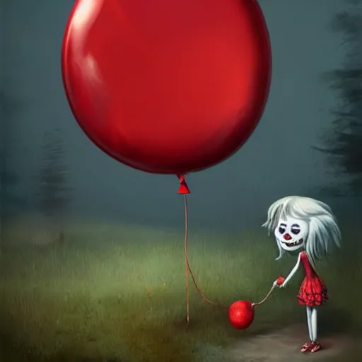 Image similar to grunge cartoon landscape sketch of bilie eilish with a wide smile and a red balloon by - michal karcz, loony toons style, pennywise style, horror theme, detailed, elegant, intricate