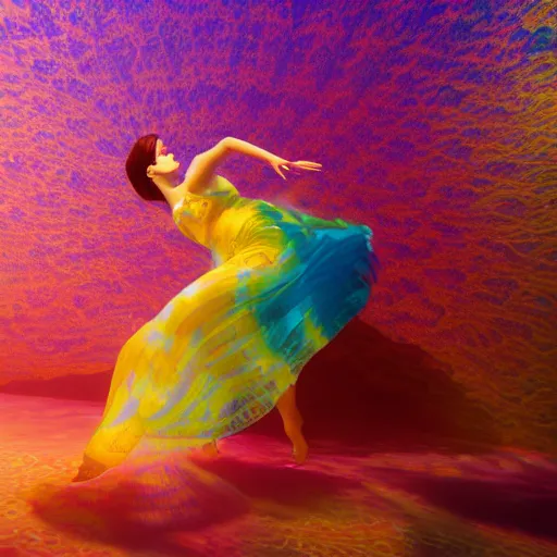 Image similar to woman dancing underwater wearing a flowing dress made of many layers of blue, magenta, and yellow translucent lace, elegant coral sea bottom, swirling silver fish, octane render, caustics lighting from above, cinematic