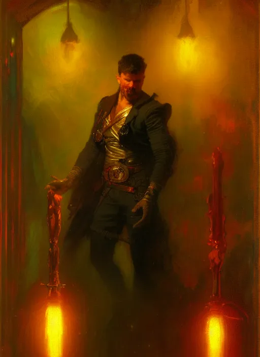 Image similar to illustration by gaston bussiere, gerome, craig mullins, greg rutkowski, john singer sargent. portrait of eddie munson joseph quinn. 8 0's neon retro. lights, glow, magical. dark background.