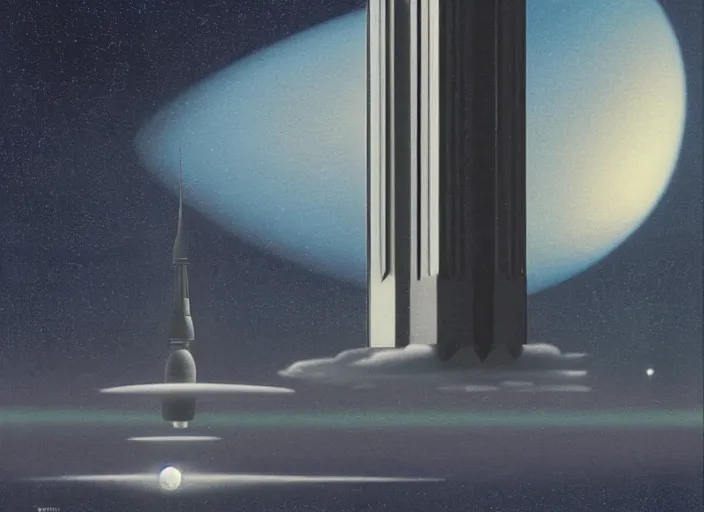 Prompt: Space ship descending towards silver skyscraper with a planet in the sky, albumen silver print by Timothy H. O'Sullivan Ralph Mcquarrie