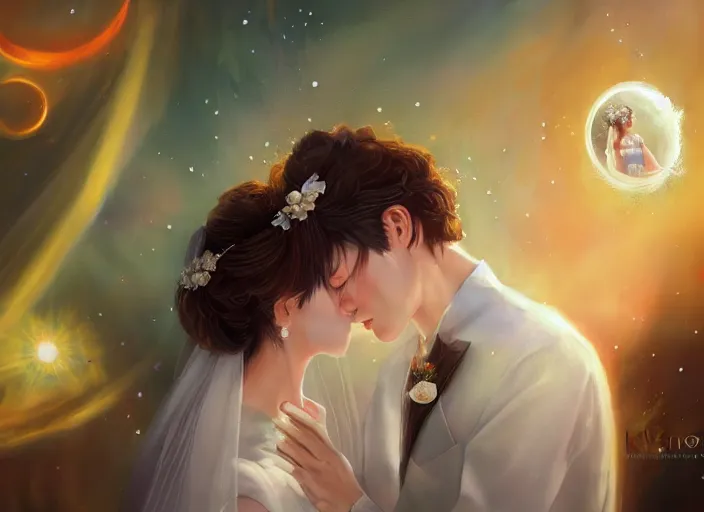 Image similar to a cinematic portrait of wedding photograph jpeg close up moment of a divine a japan sun god and moon goddess lovers magician at a wedding banquet. portraiture. digital painting. artstation. concept art. wedding photo. digital painting. iolet evergarden art masterpiece by art by krenz cushart