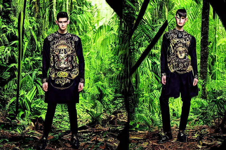 Image similar to versace avant garde male tunics intricate modern choatic textiles streetwear cyberpunk posing in the jungle woods cloudy overcast dark dramatic mysterious