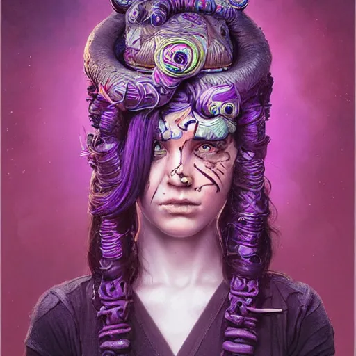 Image similar to art portrait of a furious girl with purple tentacles on her head, 8 k, by tristan eaton, stanley artgermm, tom bagshaw, greg rutkowski, carne griffiths, trending on deviantart, face enhance, hyper detailed, full of colour,