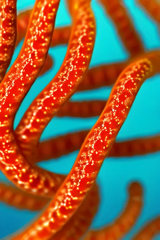 Image similar to high quality close-up photo translucent biomechanic worms! gorgeous orange dots highly detailed hannah yata elson peter cinematic turquoise lighting high quality low angle hd 8k sharp shallow depth of field