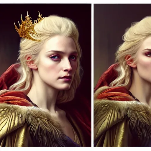 Prompt: portrait painting of a beautiful and regal blonde lady wearing a feathered cloak and noble garments, ultra realistic, concept art, intricate details, eerie, highly detailed, photorealistic, octane render, 8 k, unreal engine. art by artgerm and greg rutkowski and charlie bowater and magali villeneuve and alphonse mucha