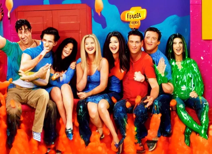 Image similar to the cast of friends getting slimed by nickelodeon