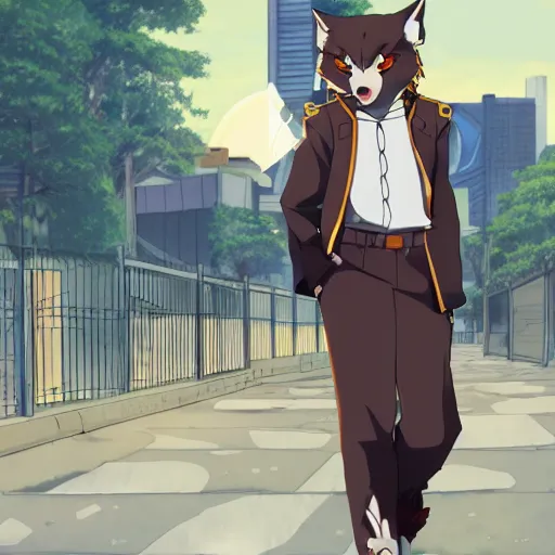 Image similar to key anime visual of a handsome male anthro wolf furry fursona wearing an edgy outfit as he walks outdoors in a city at sunset, official modern anime scene
