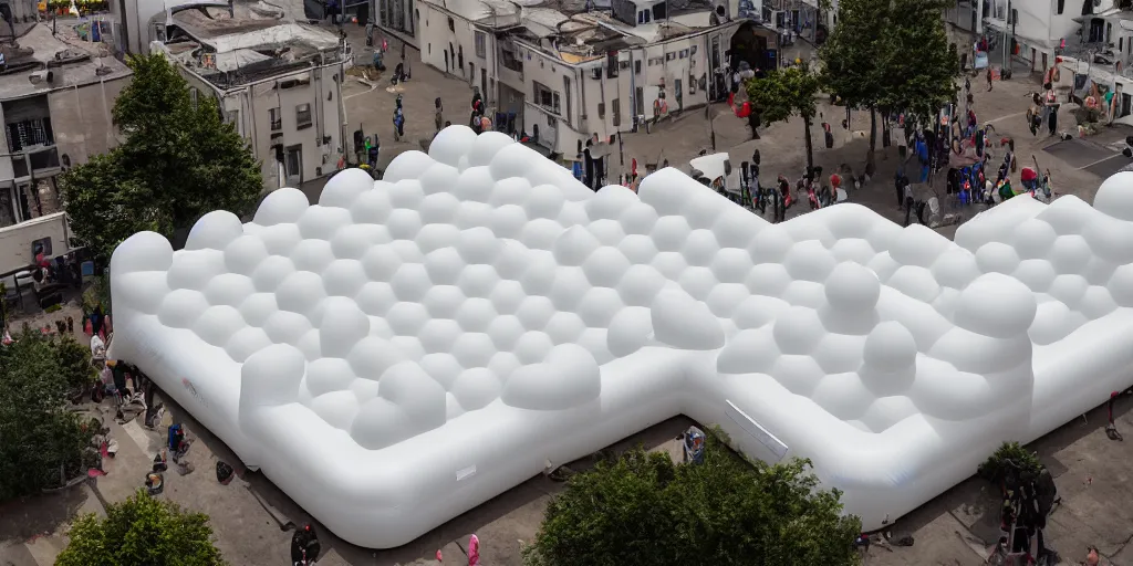 Prompt: levitating in the air inflatable upscaled white adult bouncy castle installation no - gravity levitate high in clear sky, parts by cj hendry, parts by shih chieh huang, parts by anish kapoor, warm soft light, telephoto lens, shallow depth of field realistic, 8 k, hyperrealism, subsurface scattering, raytracing