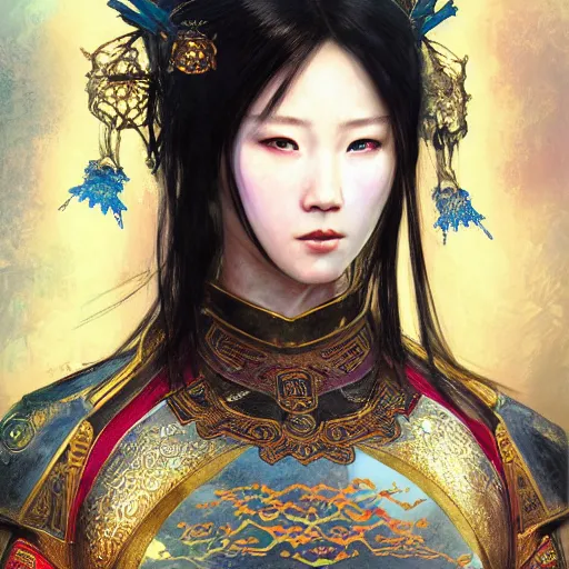 Image similar to beautiful and divine and holy and elite and colorlpunk young three kingdom chinese female armor knight portrait +shinnyy eyes+front face with light flowing hair, ultradetail face, art and illustration by tian zi and craig mullins and WLOP and alphonse mucha, fantasy, intricate complexity, human structure, human anatomy, fantasy character concept, watermark, blurry, hyperrealism 8k