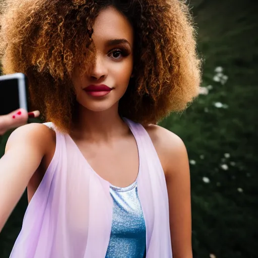 Image similar to selfie of a young woman, wearing a translucent and iridescent jacket over a tank top, curly long hair, caucasian, sigma 85mm f/1.4, 4k, depth of field, high resolution, 4k, 8k, hd, full color