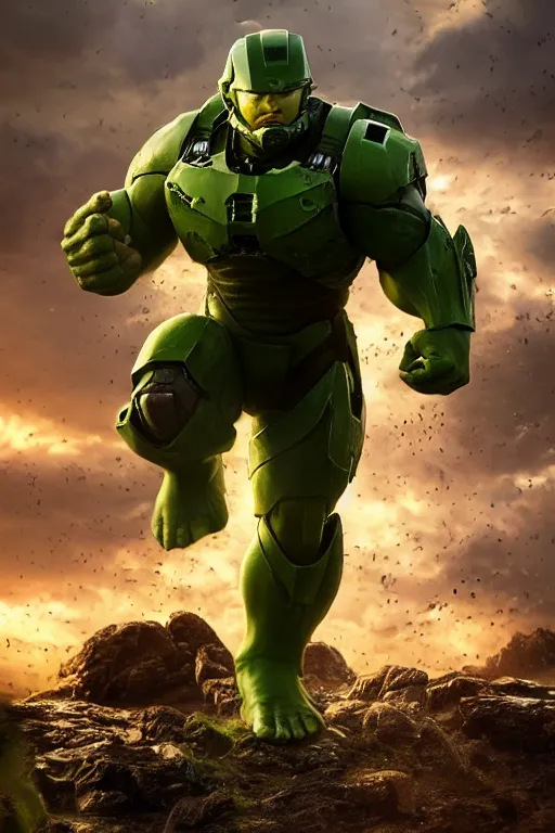 Image similar to master chief playing the hulk in the new avengers movie, oil on canvas, intricate, portrait, 8 k highly professionally detailed, hdr, cgsociety