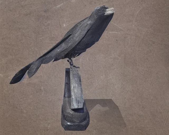 Prompt: a history textbook page that's showing 'wooden table holding ancient effigy of a raven', clay sculpture, photograph, zoomed out, trending on tumblr