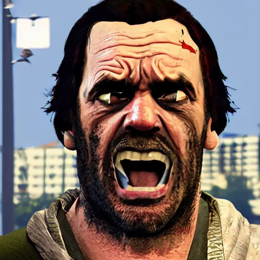 Prompt: upset very angry crazy delusional homeless person in the style of a GTA V poster, detailed, closeup
