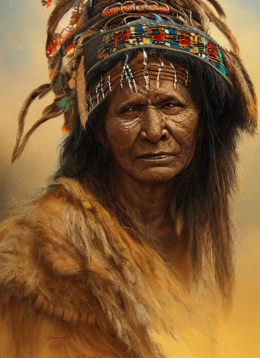 Prompt: a beautiful painting of an indigenous grand-mother, matte painting, fantasy art, highly detailed